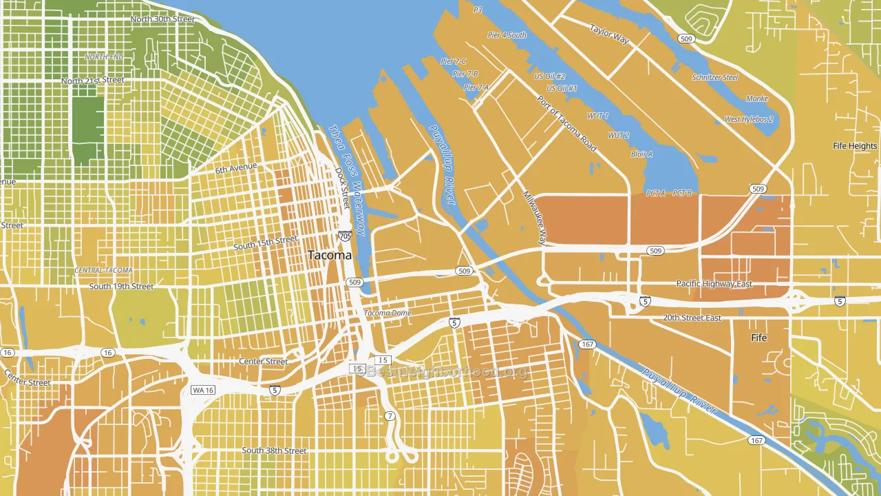 Map of the best neighborhoods in the 98421 area, with better matches in green and worse matches in red