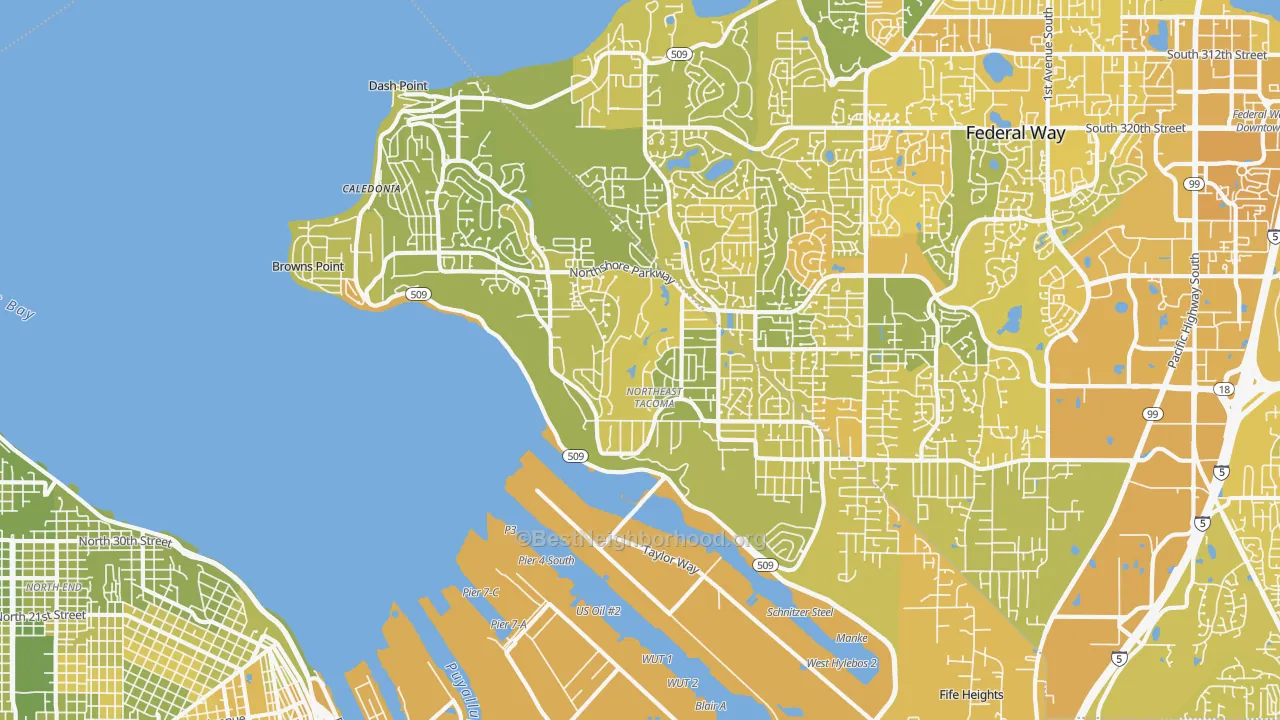 Map of the best neighborhoods in the 98422 area, with better matches in green and worse matches in red