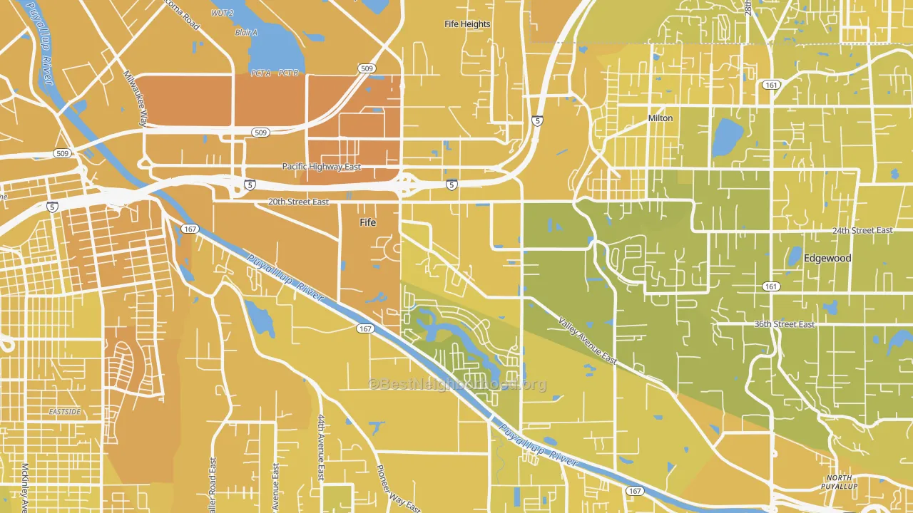 Map of the best neighborhoods in the 98424 area, with better matches in green and worse matches in red