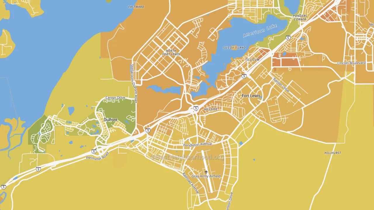 Map of the best neighborhoods in the 98433 area, with better matches in green and worse matches in red