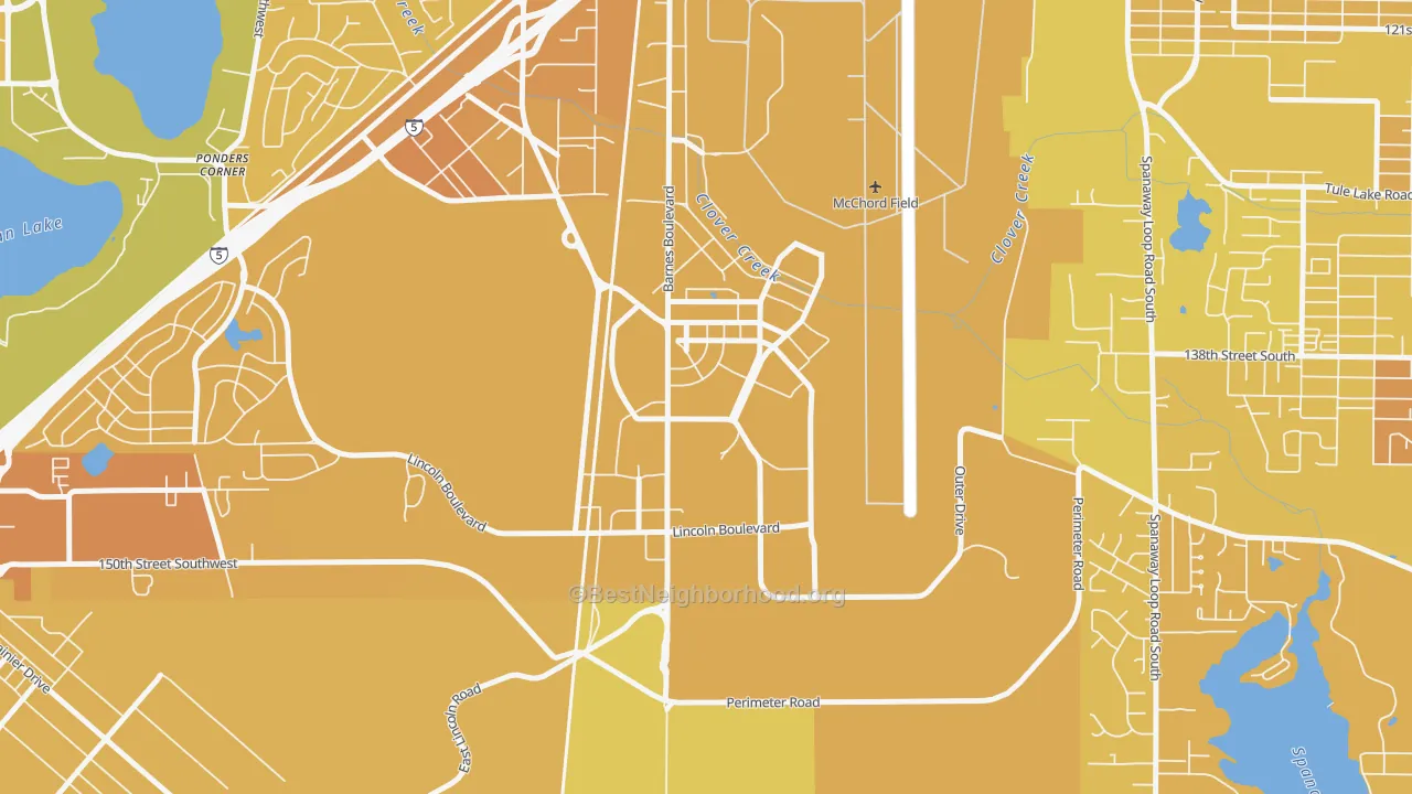 Map of the best neighborhoods in the 98438 area, with better matches in green and worse matches in red