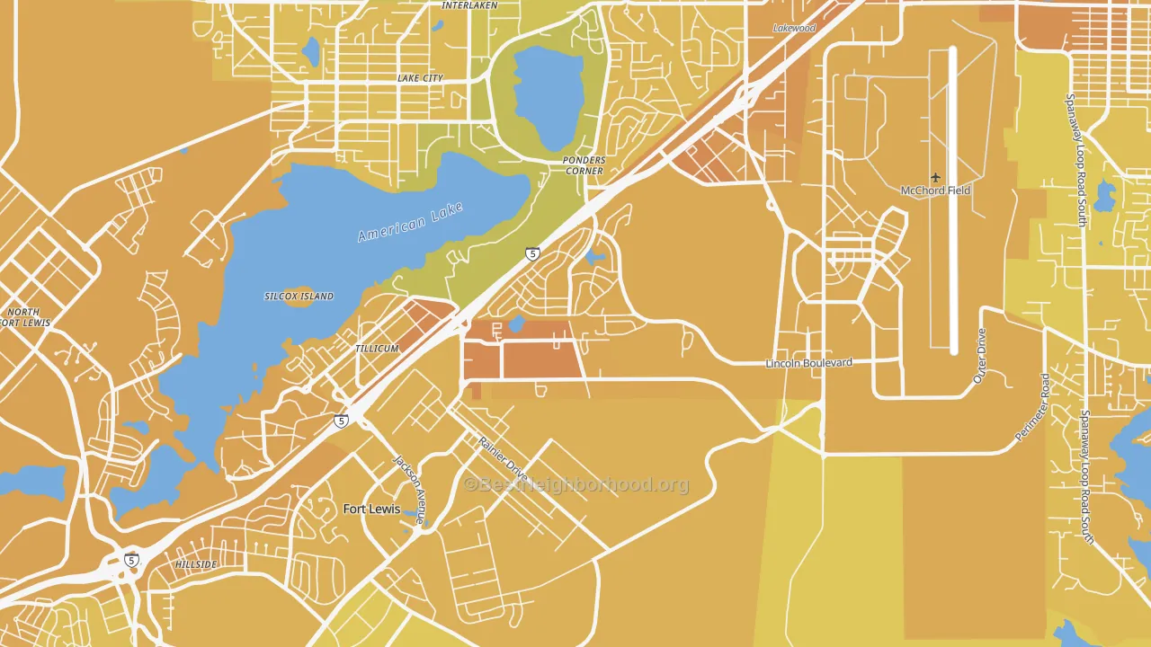 Map of the best neighborhoods in the 98439 area, with better matches in green and worse matches in red