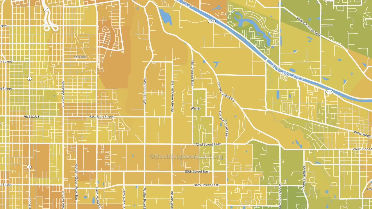 Map of the best neighborhoods in the 98443 area, with better matches in green and worse matches in red
