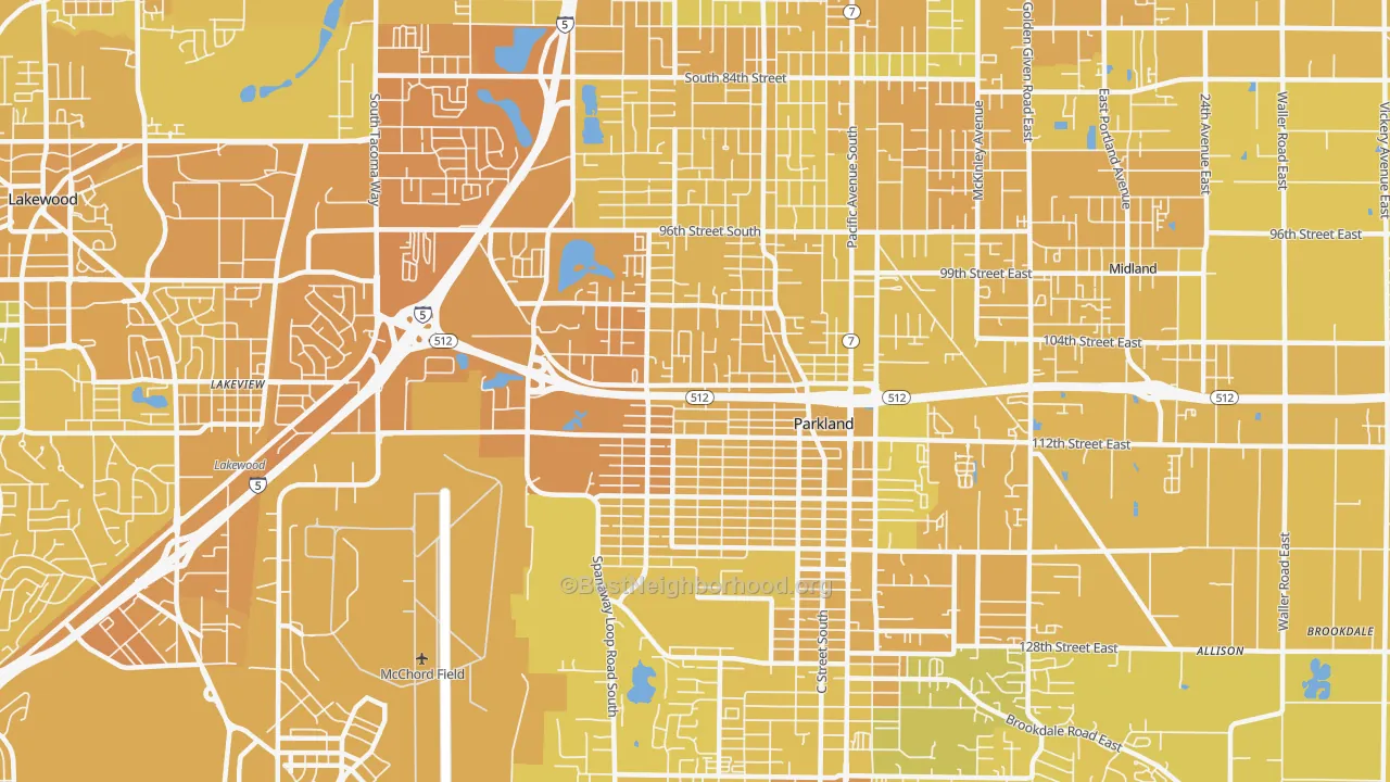 Map of the best neighborhoods in the 98444 area, with better matches in green and worse matches in red