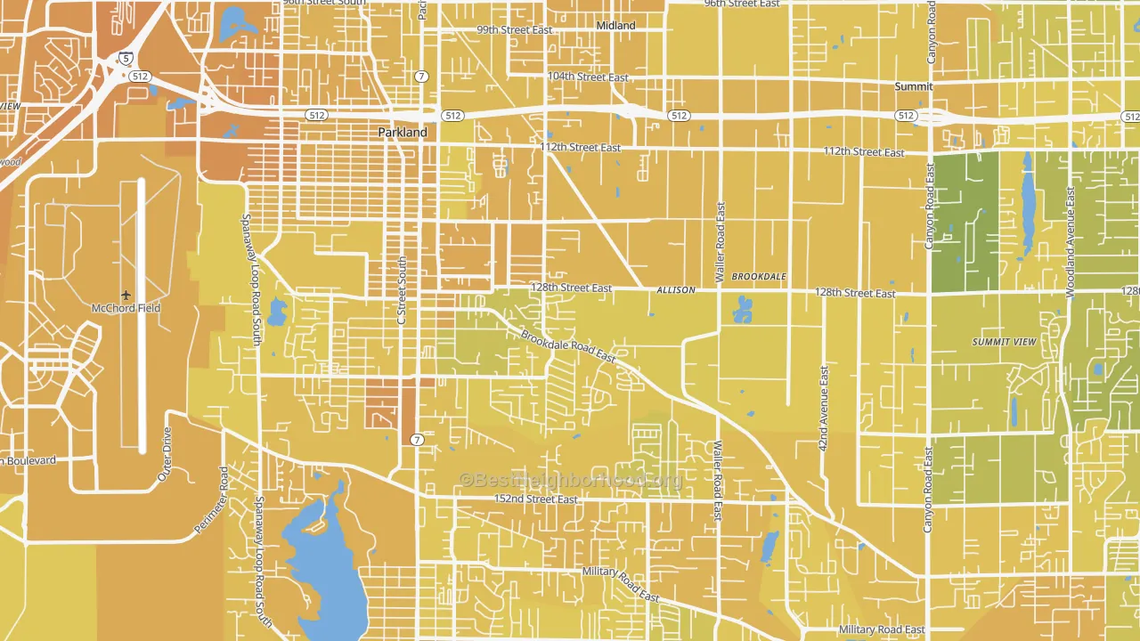 Map of the best neighborhoods in the 98445 area, with better matches in green and worse matches in red