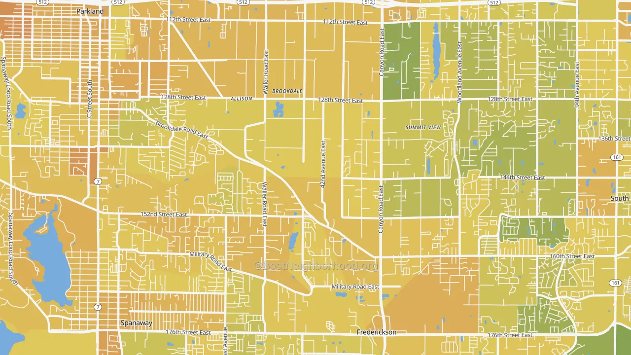 Map of the best neighborhoods in the 98446 area, with better matches in green and worse matches in red