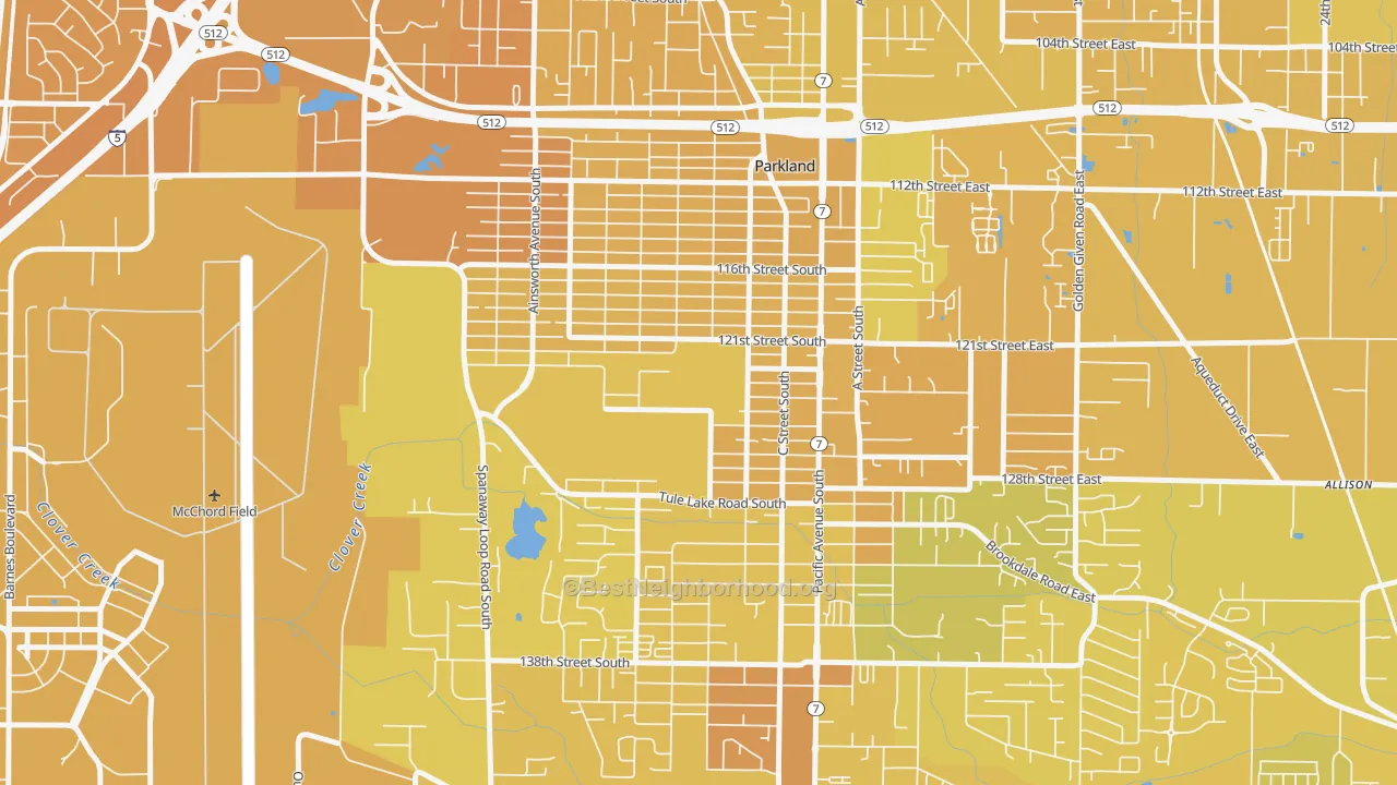 Map of the best neighborhoods in the 98447 area, with better matches in green and worse matches in red