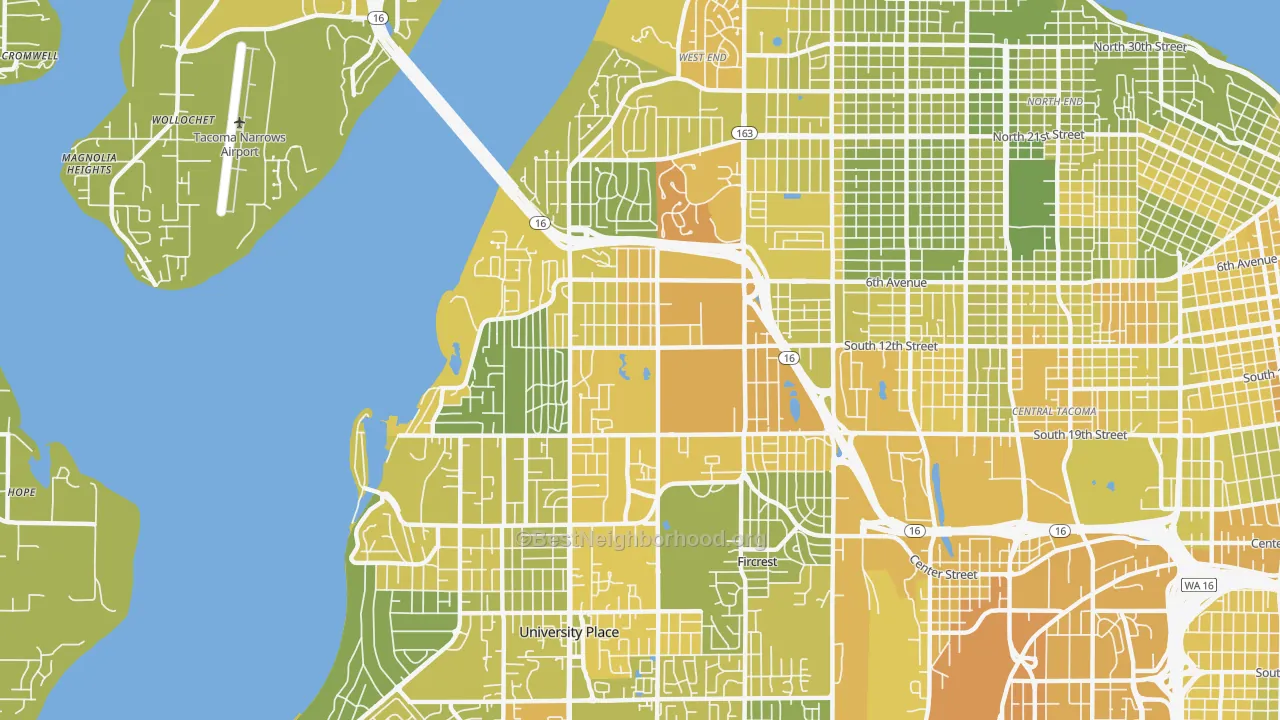 Map of the best neighborhoods in the 98465 area, with better matches in green and worse matches in red