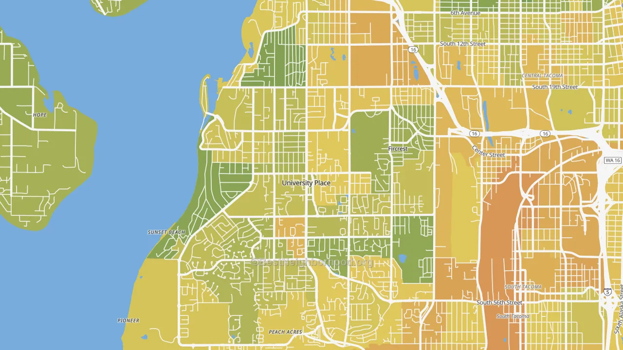 Map of the best neighborhoods in the 98466 area, with better matches in green and worse matches in red