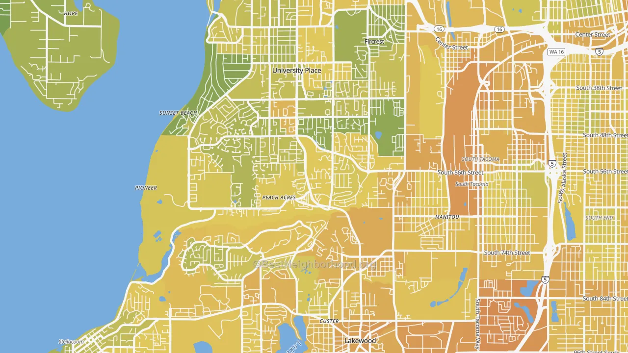 Map of the best neighborhoods in the 98467 area, with better matches in green and worse matches in red