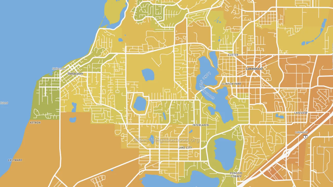 Map of the best neighborhoods in the 98498 area, with better matches in green and worse matches in red