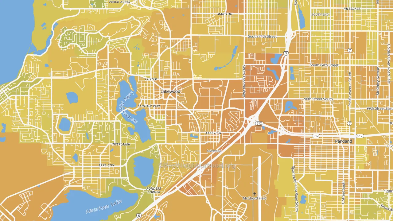 Map of the best neighborhoods in the 98499 area, with better matches in green and worse matches in red