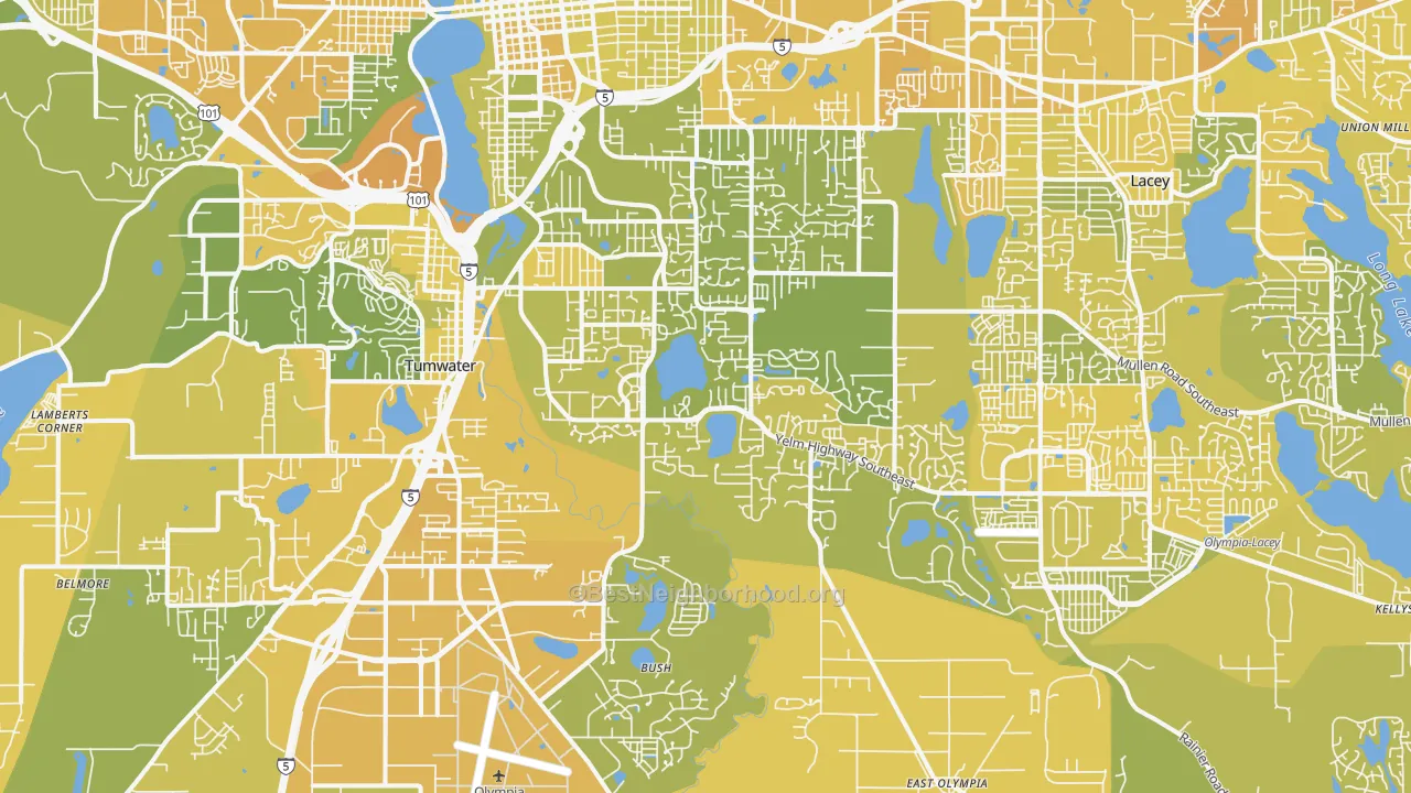 Map of the best neighborhoods in the 98501 area, with better matches in green and worse matches in red