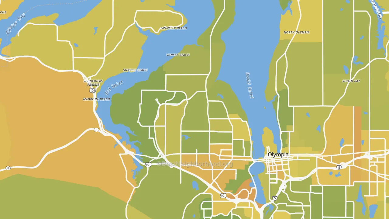 Map of the best neighborhoods in the 98502 area, with better matches in green and worse matches in red
