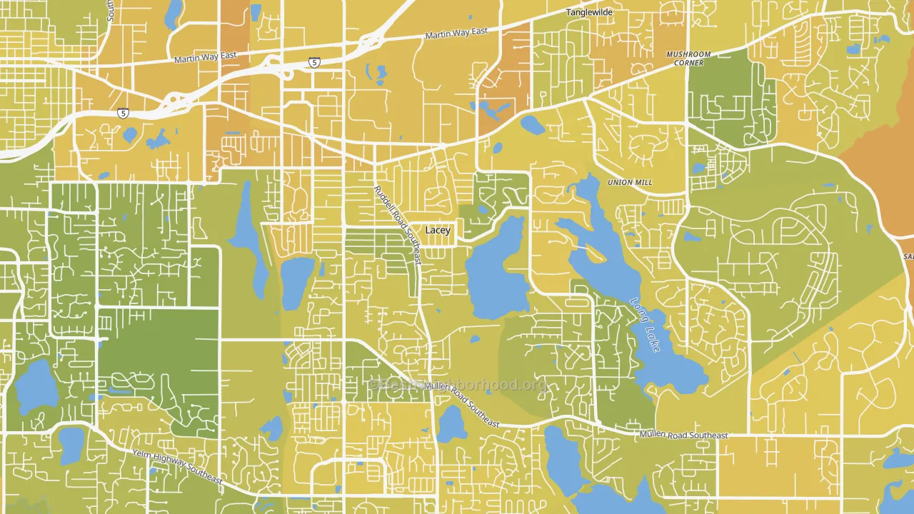 Map of the best neighborhoods in the 98503 area, with better matches in green and worse matches in red