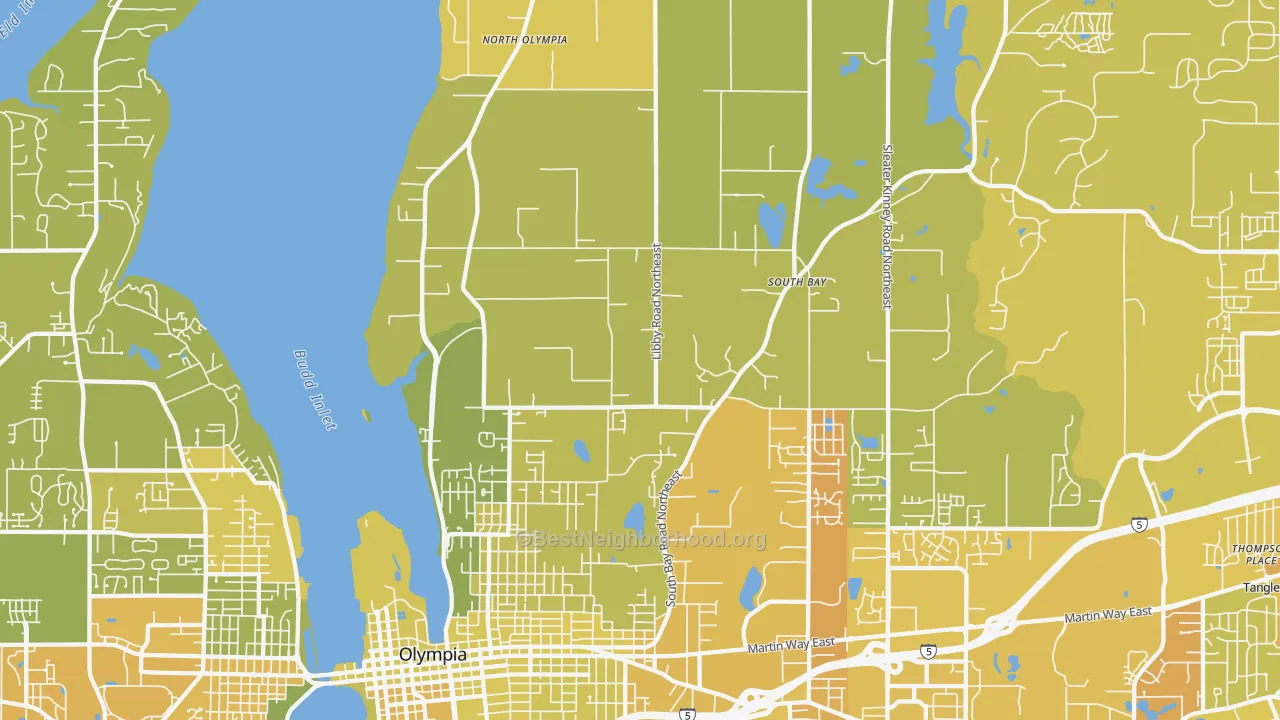 Map of the best neighborhoods in the 98506 area, with better matches in green and worse matches in red