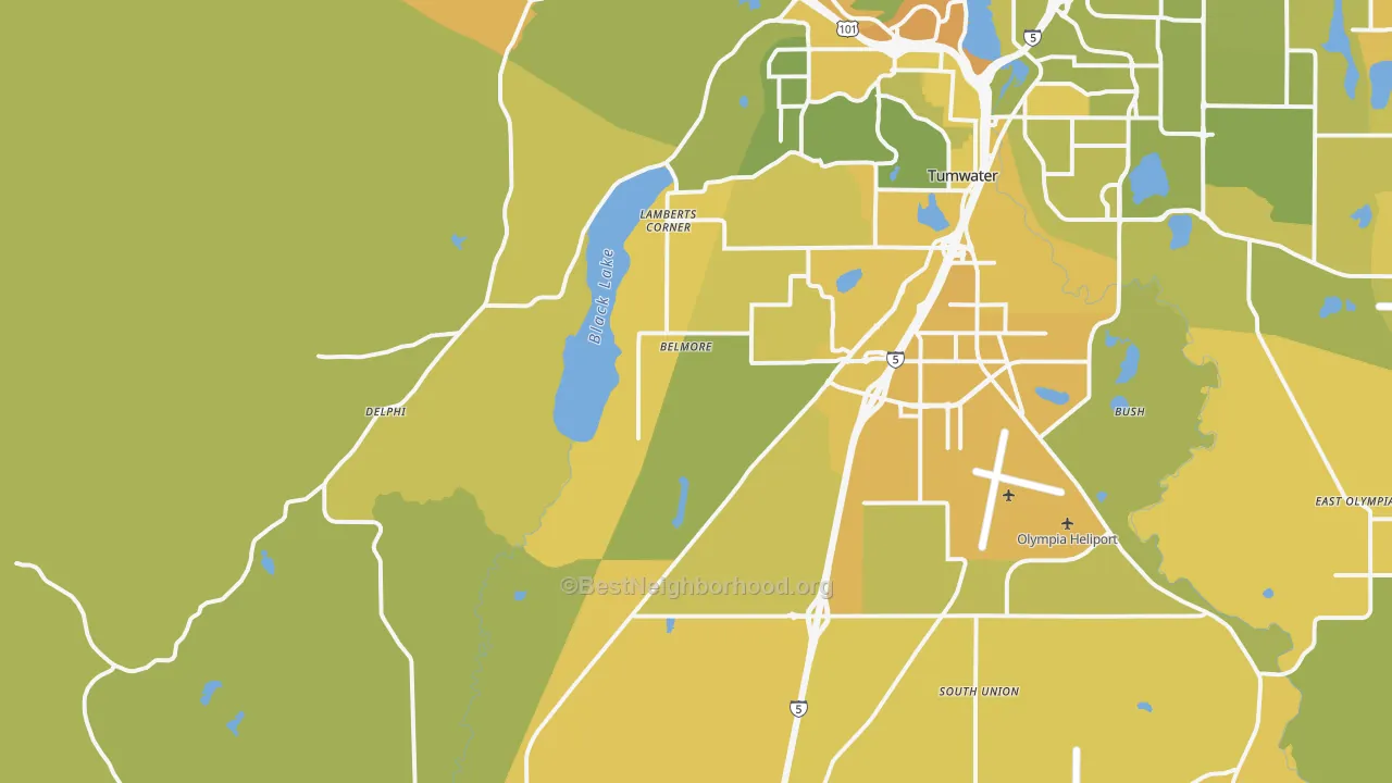 Map of the best neighborhoods in the 98512 area, with better matches in green and worse matches in red