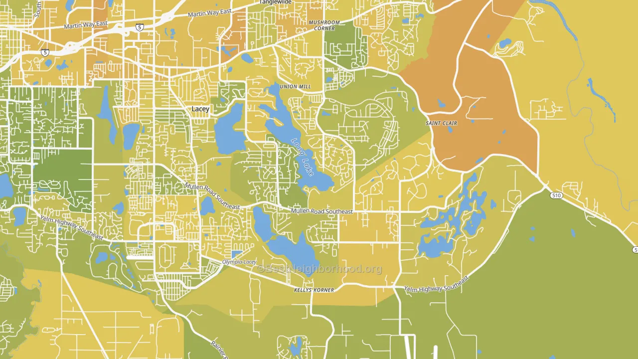 Map of the best neighborhoods in the 98513 area, with better matches in green and worse matches in red