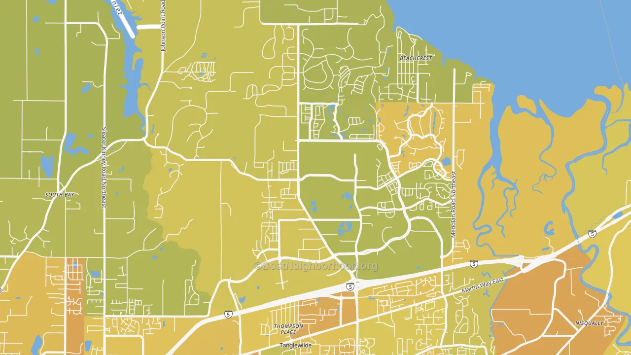 Map of the best neighborhoods in the 98516 area, with better matches in green and worse matches in red