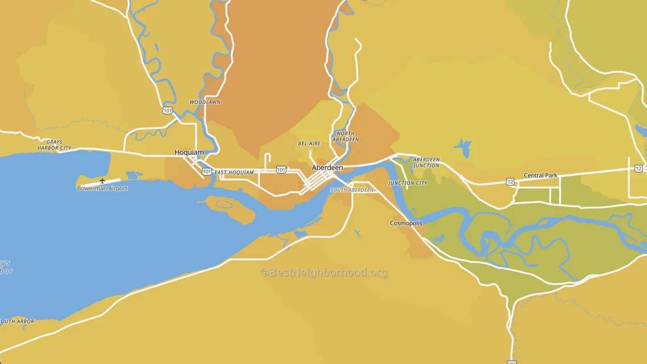 Map of the best neighborhoods in the 98520 area, with better matches in green and worse matches in red