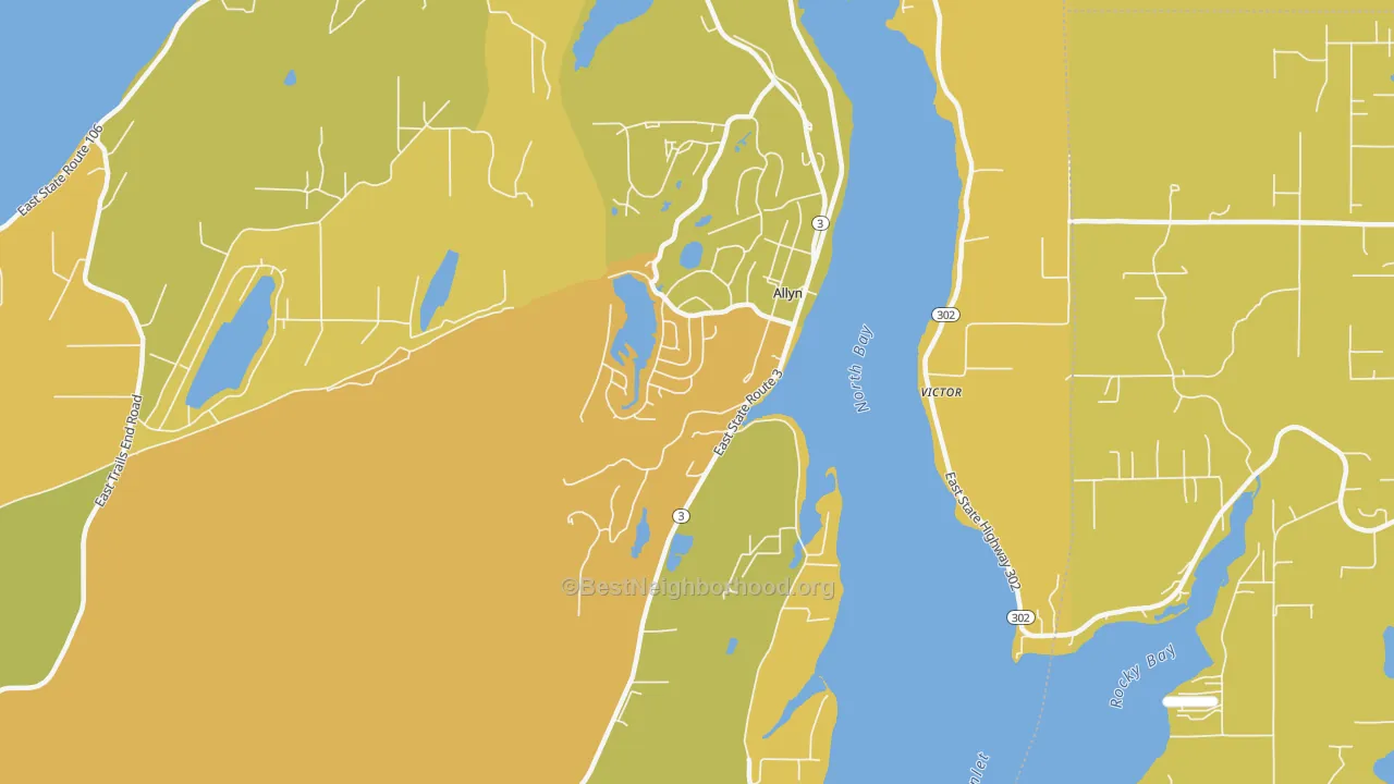 Map of the best neighborhoods in the 98524 area, with better matches in green and worse matches in red