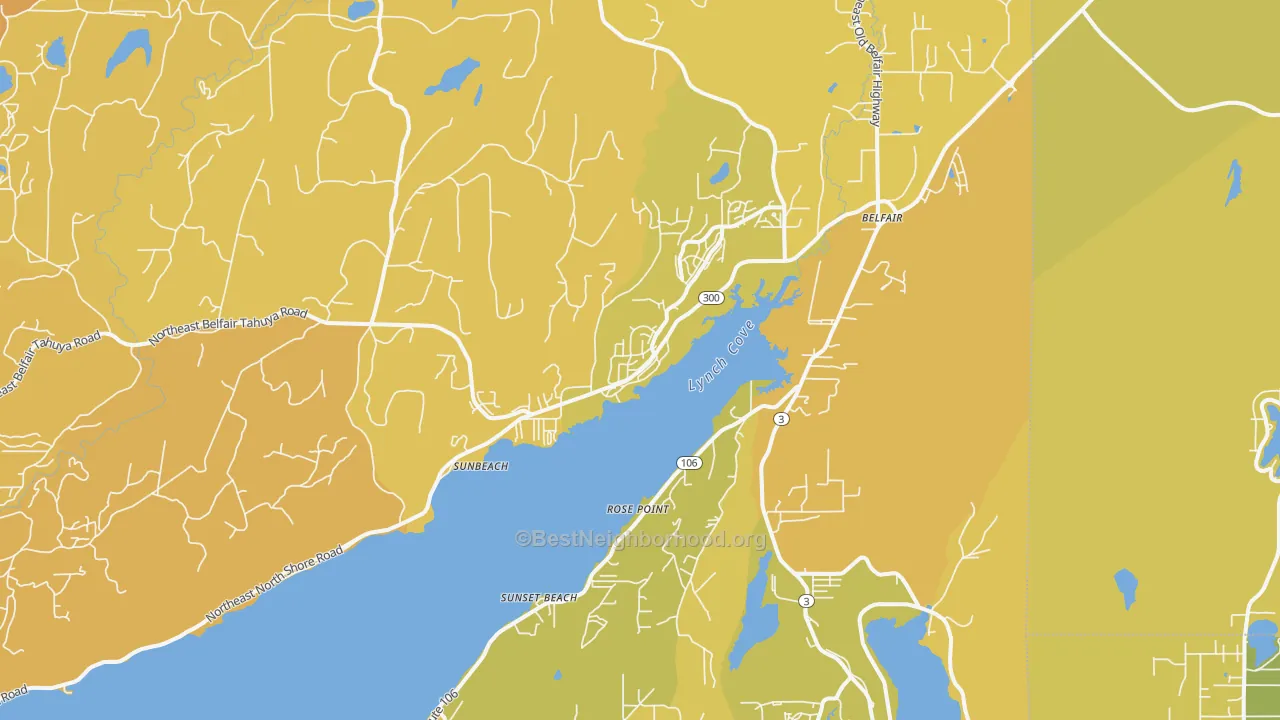 Map of the best neighborhoods in the 98528 area, with better matches in green and worse matches in red