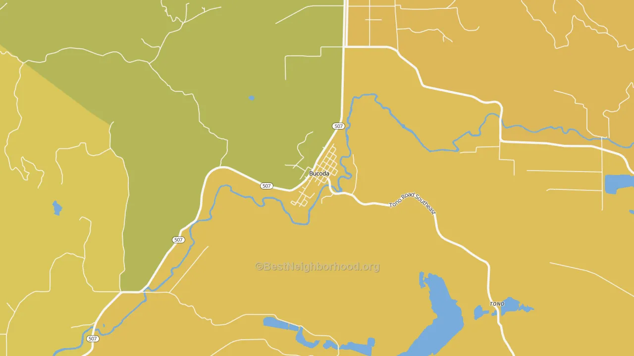 Map of the best neighborhoods in the 98530 area, with better matches in green and worse matches in red