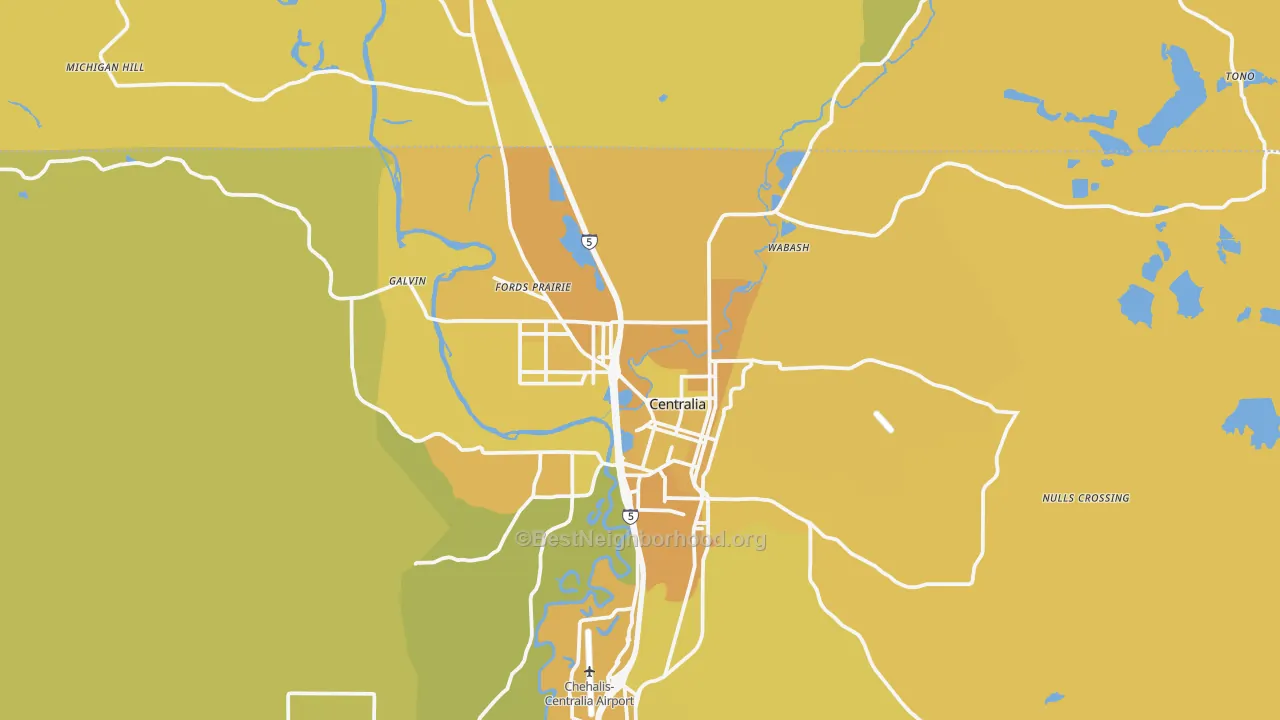 Map of the best neighborhoods in the 98531 area, with better matches in green and worse matches in red