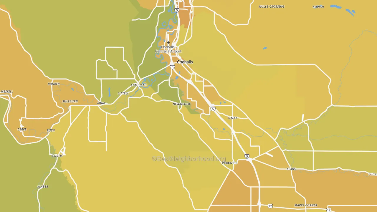 Map of the best neighborhoods in the 98532 area, with better matches in green and worse matches in red