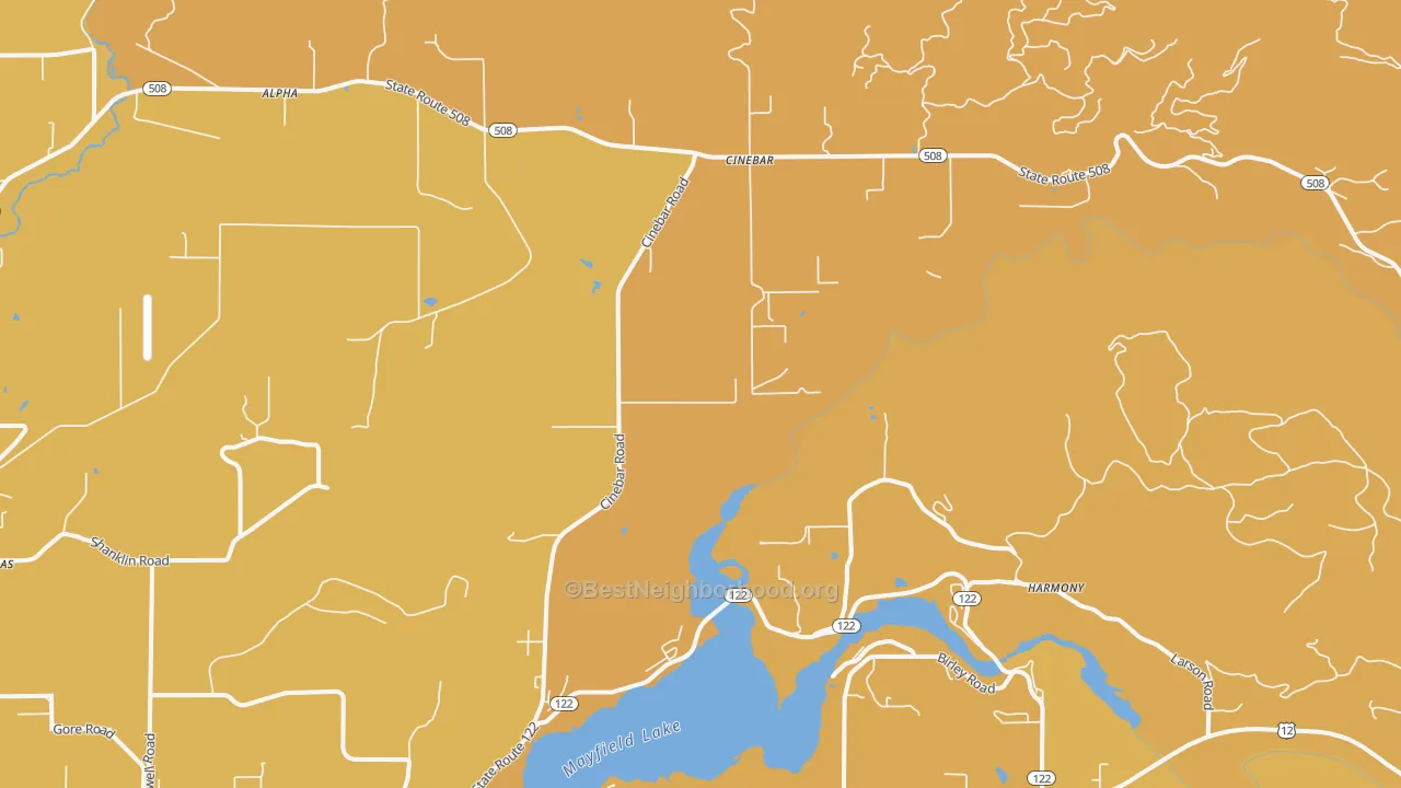 Map of the best neighborhoods in the 98533 area, with better matches in green and worse matches in red