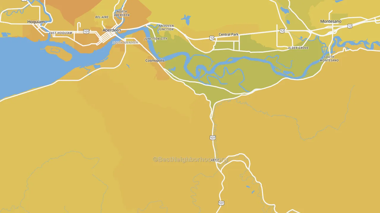 Map of the best neighborhoods in the 98537 area, with better matches in green and worse matches in red
