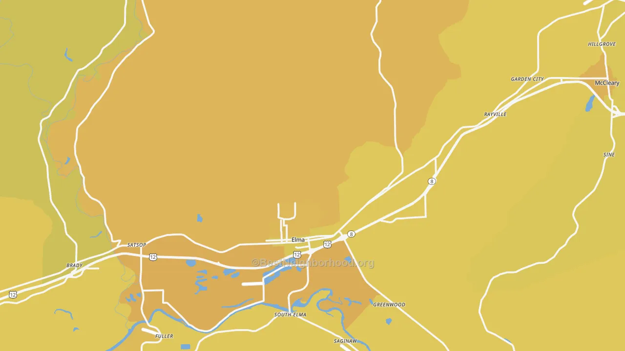 Map of the best neighborhoods in the 98541 area, with better matches in green and worse matches in red