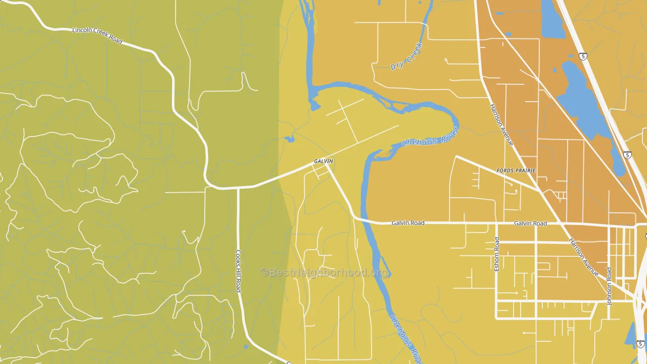 Map of the best neighborhoods in the 98544 area, with better matches in green and worse matches in red
