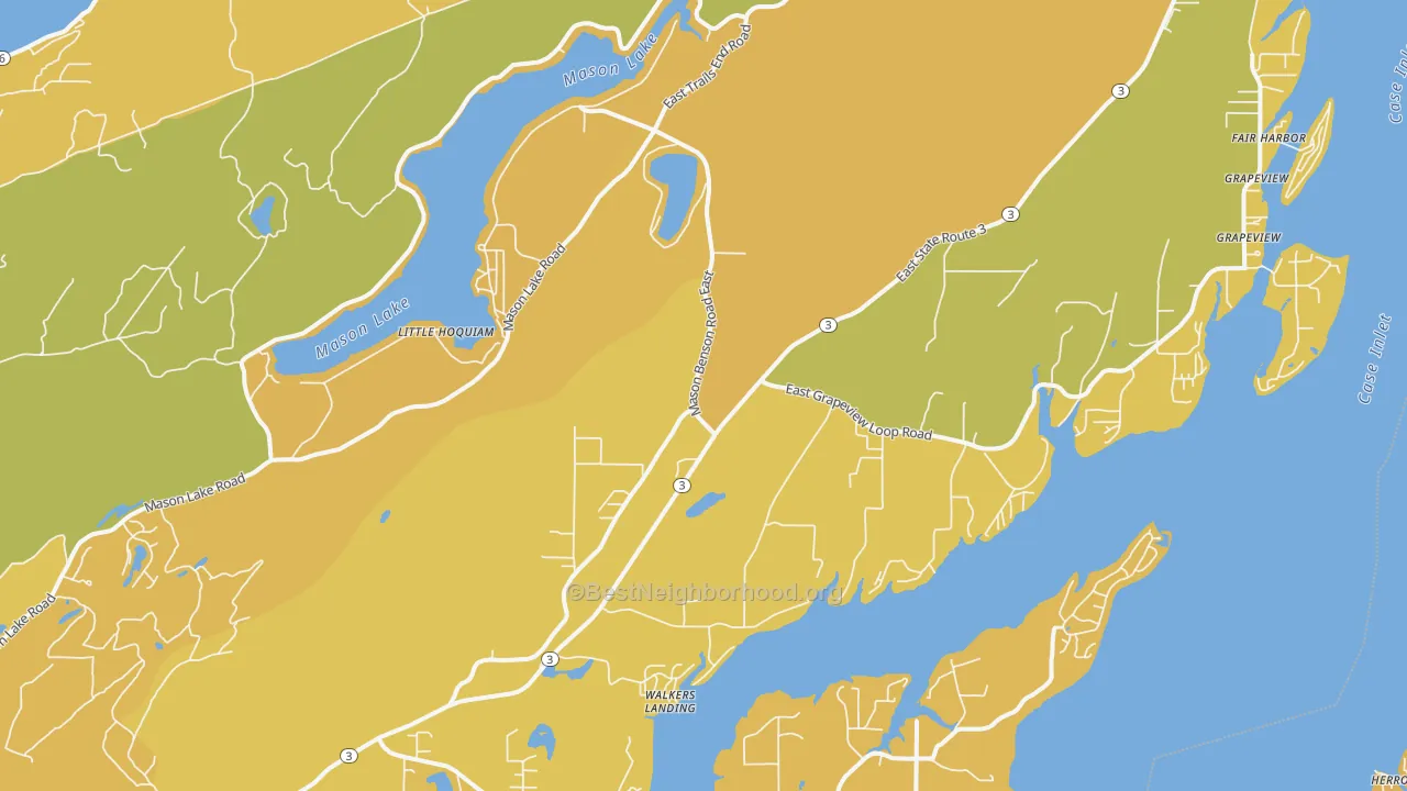 Map of the best neighborhoods in the 98546 area, with better matches in green and worse matches in red