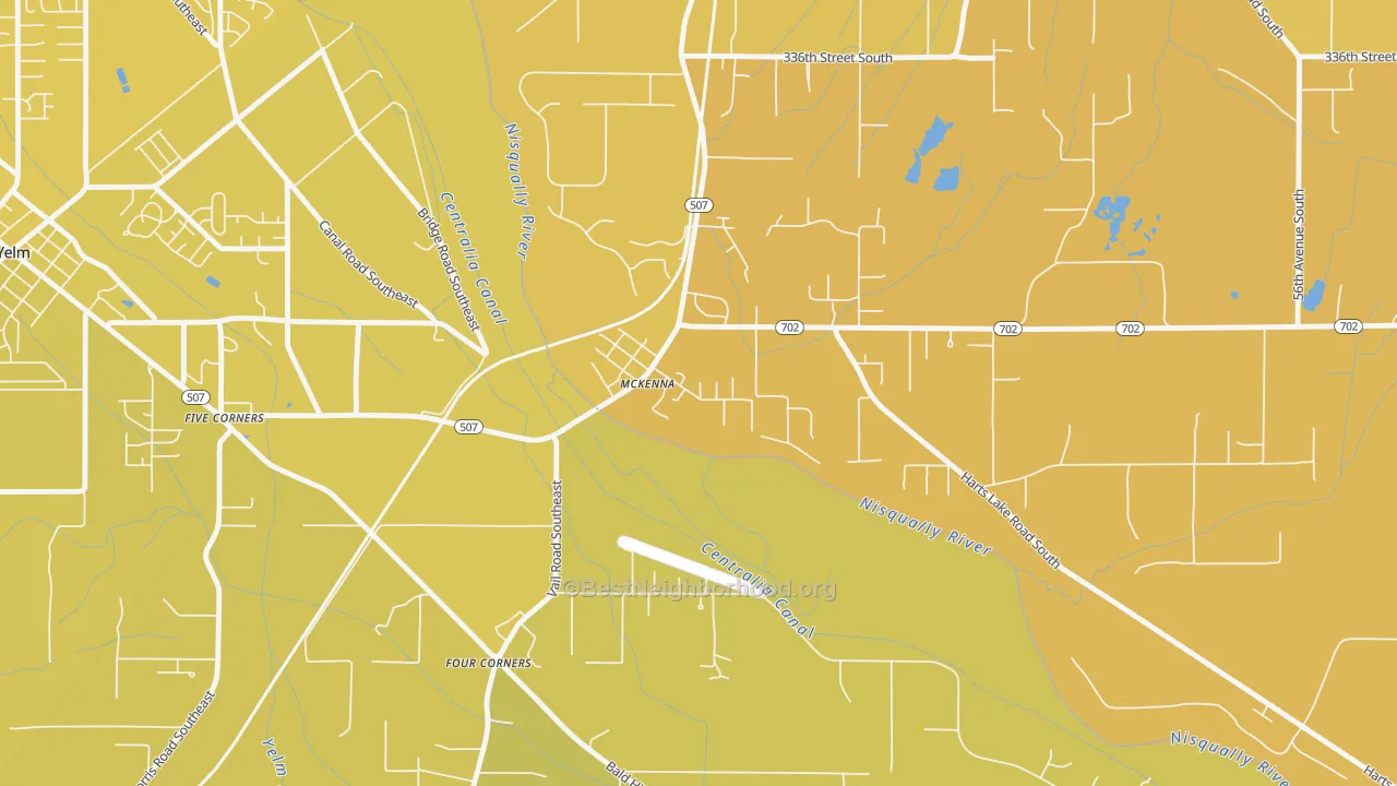 Map of the best neighborhoods in the 98558 area, with better matches in green and worse matches in red