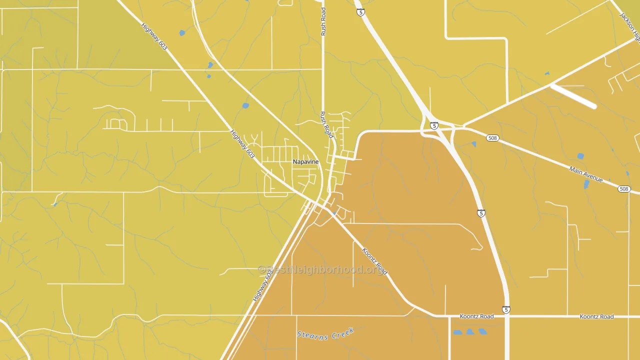 Map of the best neighborhoods in the 98565 area, with better matches in green and worse matches in red