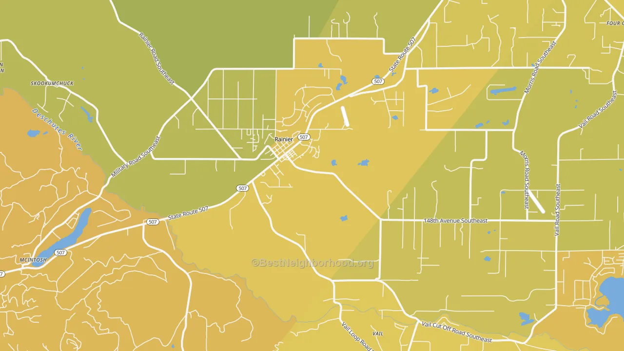 Map of the best neighborhoods in the 98576 area, with better matches in green and worse matches in red