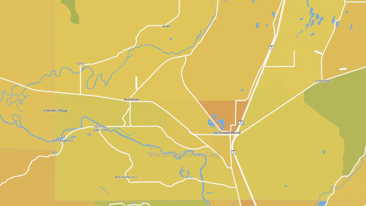 Map of the best neighborhoods in the 98579 area, with better matches in green and worse matches in red