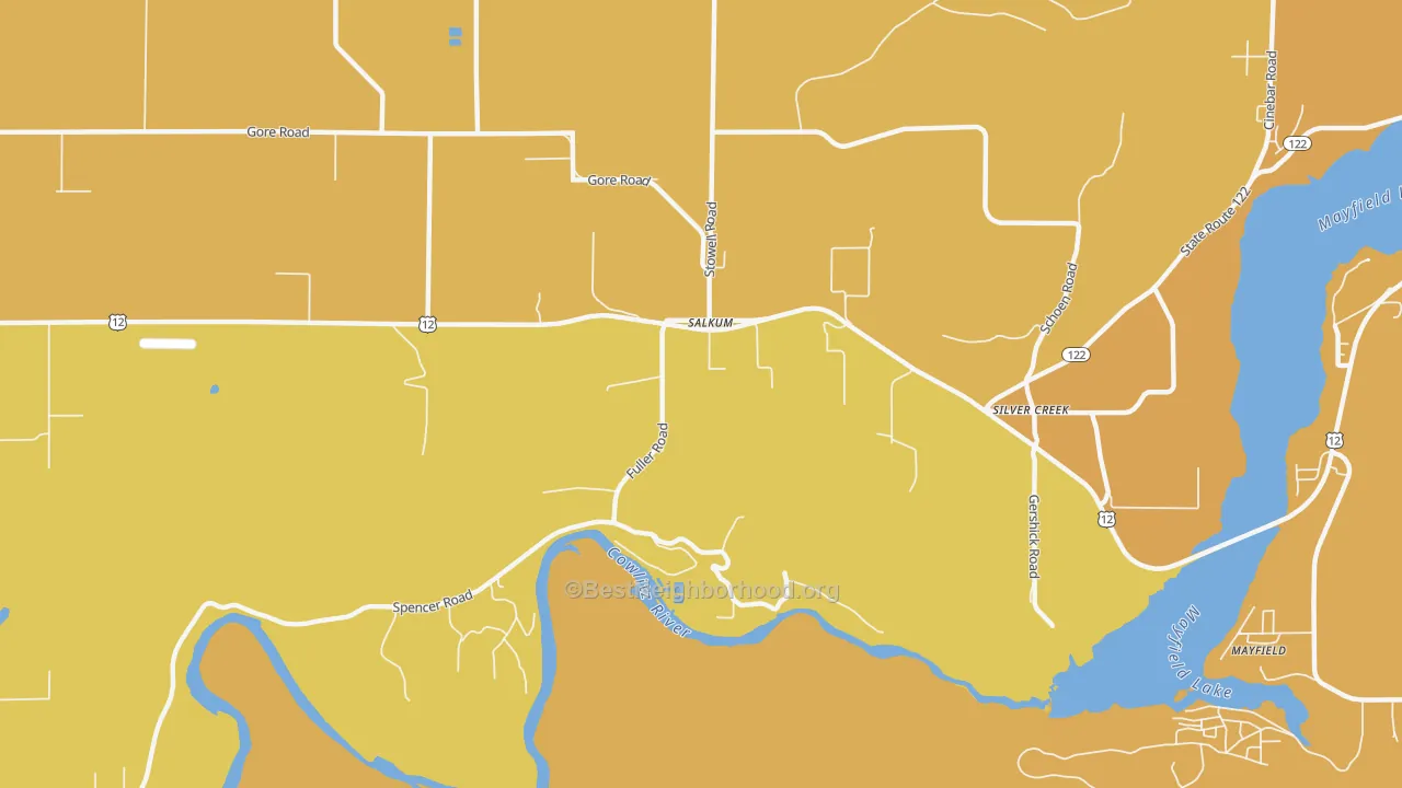 Map of the best neighborhoods in the 98582 area, with better matches in green and worse matches in red