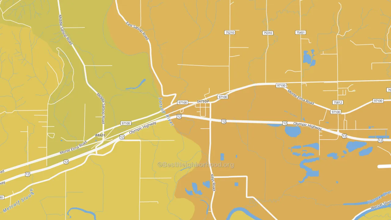 Map of the best neighborhoods in the 98583 area, with better matches in green and worse matches in red