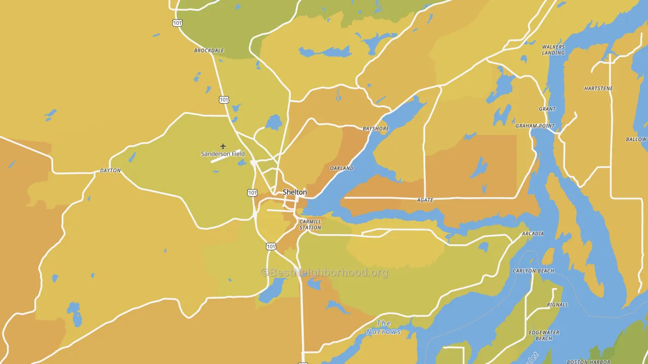 Map of the best neighborhoods in the 98584 area, with better matches in green and worse matches in red