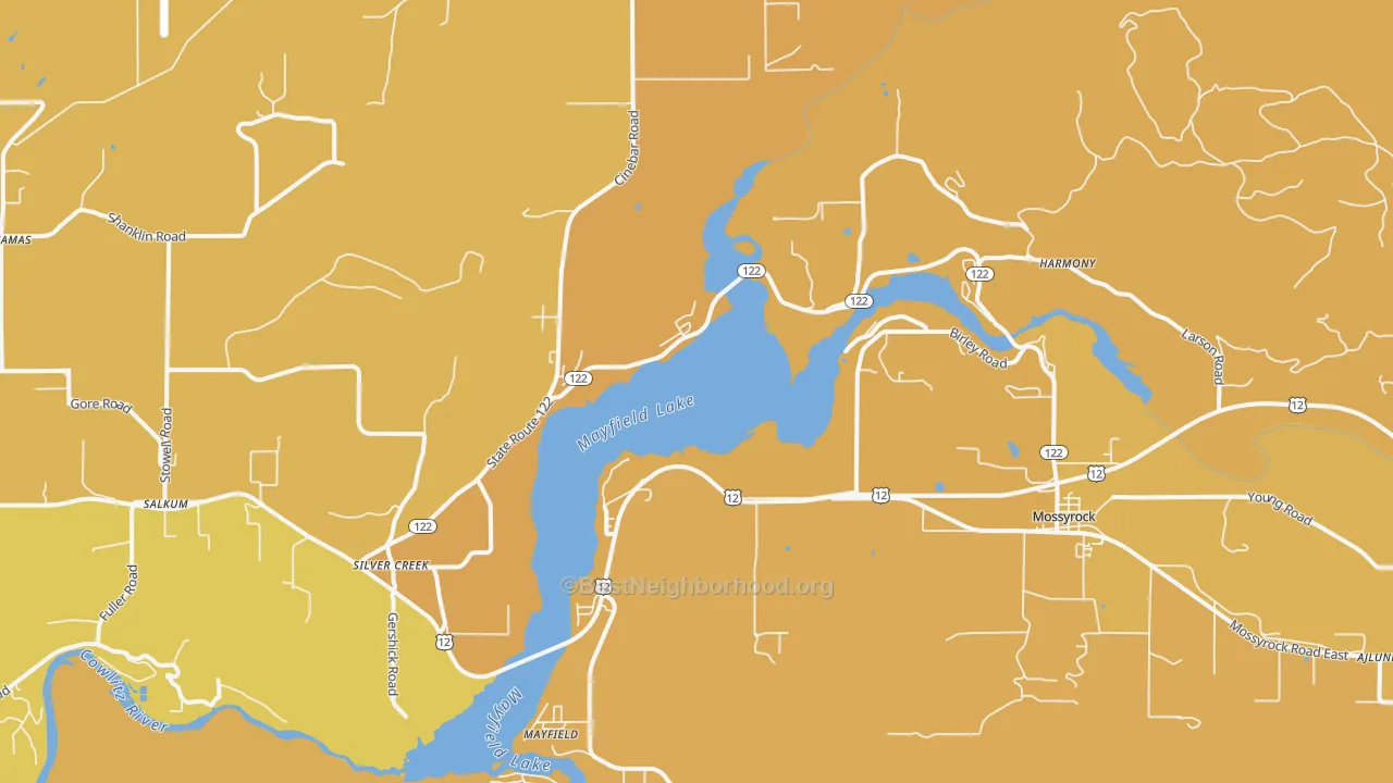 Map of the best neighborhoods in the 98585 area, with better matches in green and worse matches in red