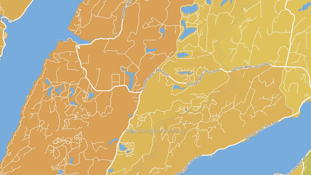 Map of the best neighborhoods in the 98588 area, with better matches in green and worse matches in red