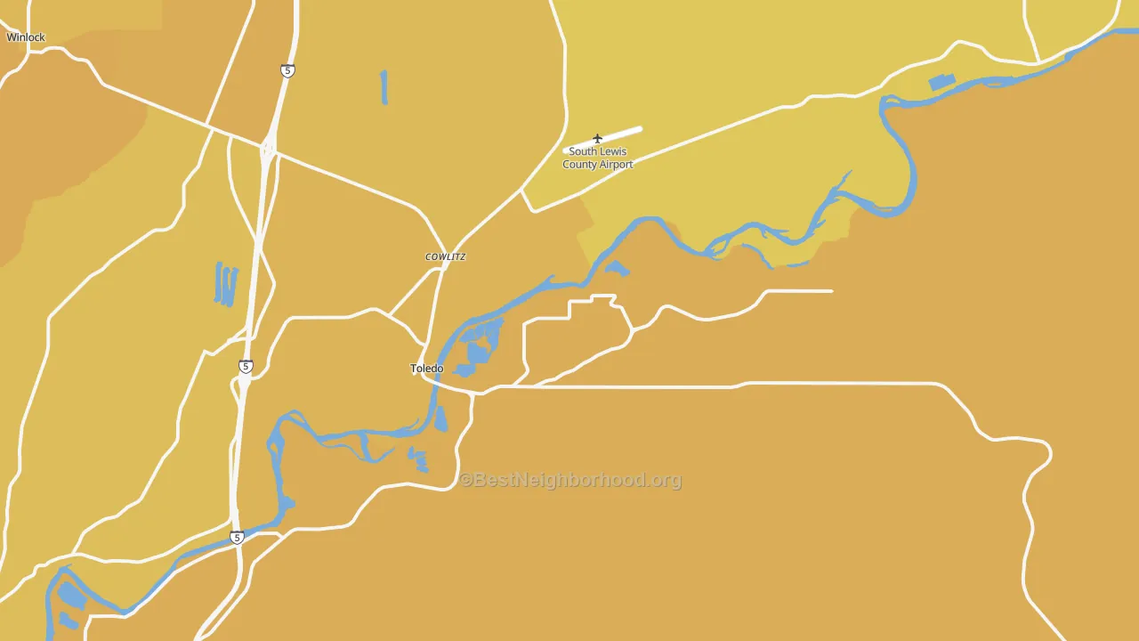 Map of the best neighborhoods in the 98591 area, with better matches in green and worse matches in red