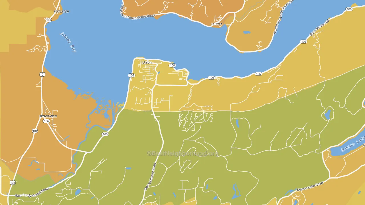 Map of the best neighborhoods in the 98592 area, with better matches in green and worse matches in red