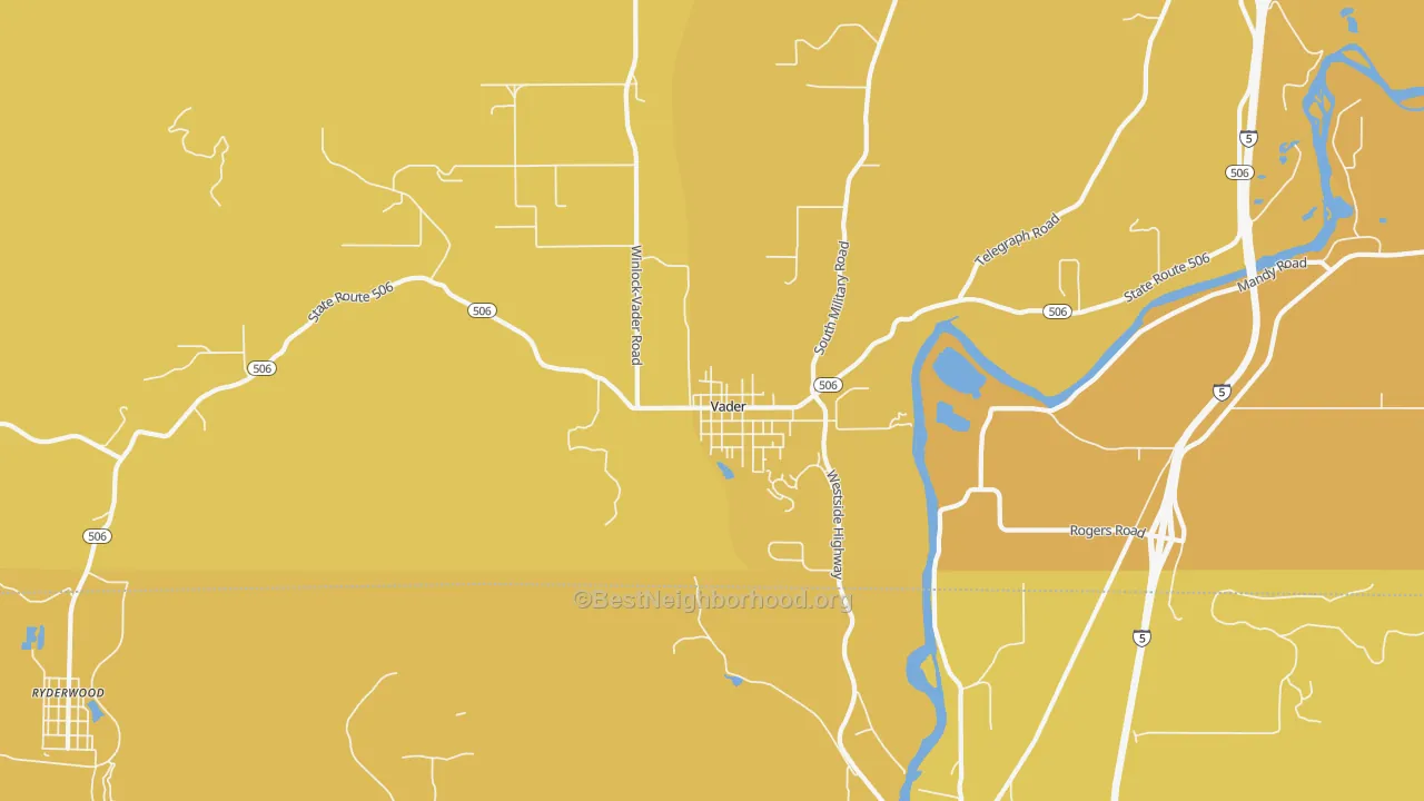 Map of the best neighborhoods in the 98593 area, with better matches in green and worse matches in red