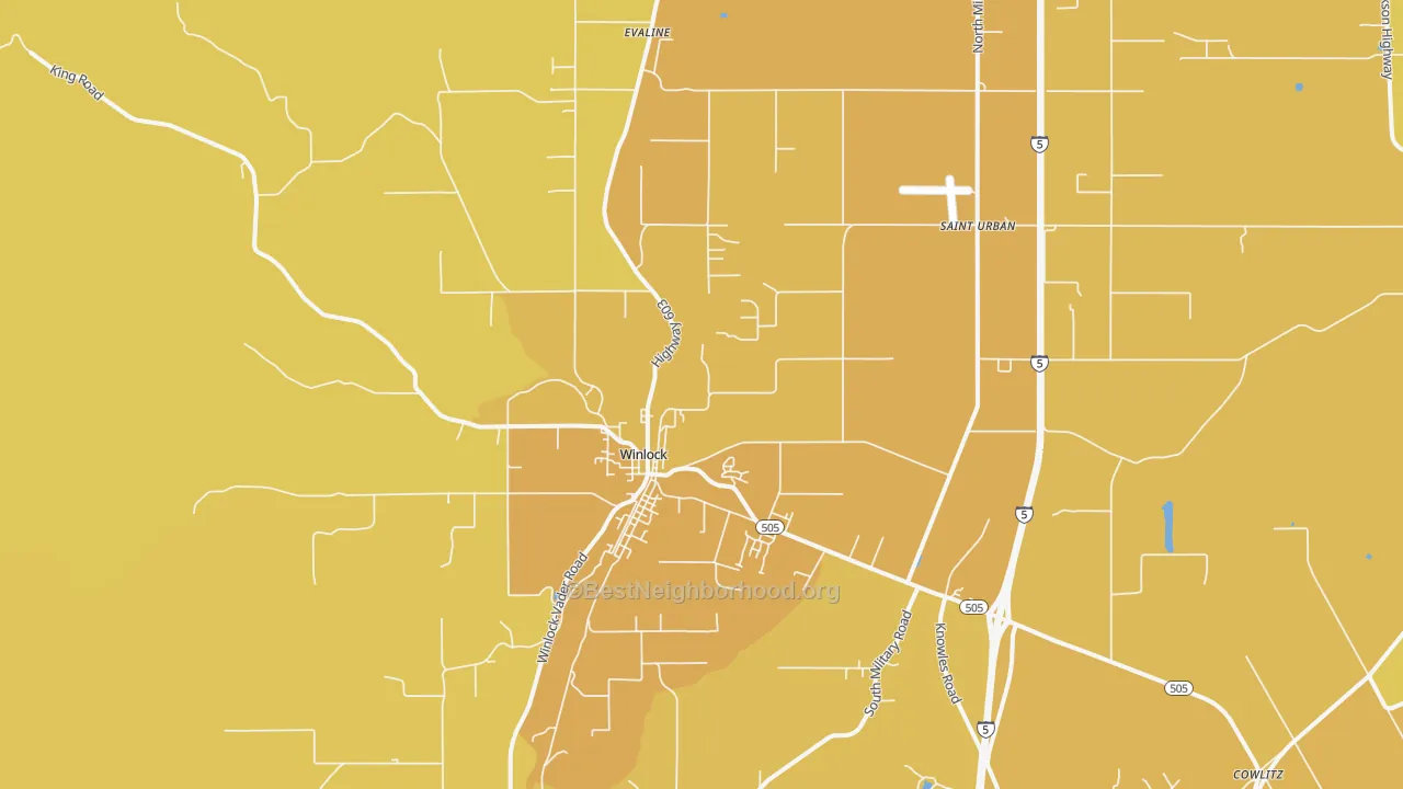 Map of the best neighborhoods in the 98596 area, with better matches in green and worse matches in red
