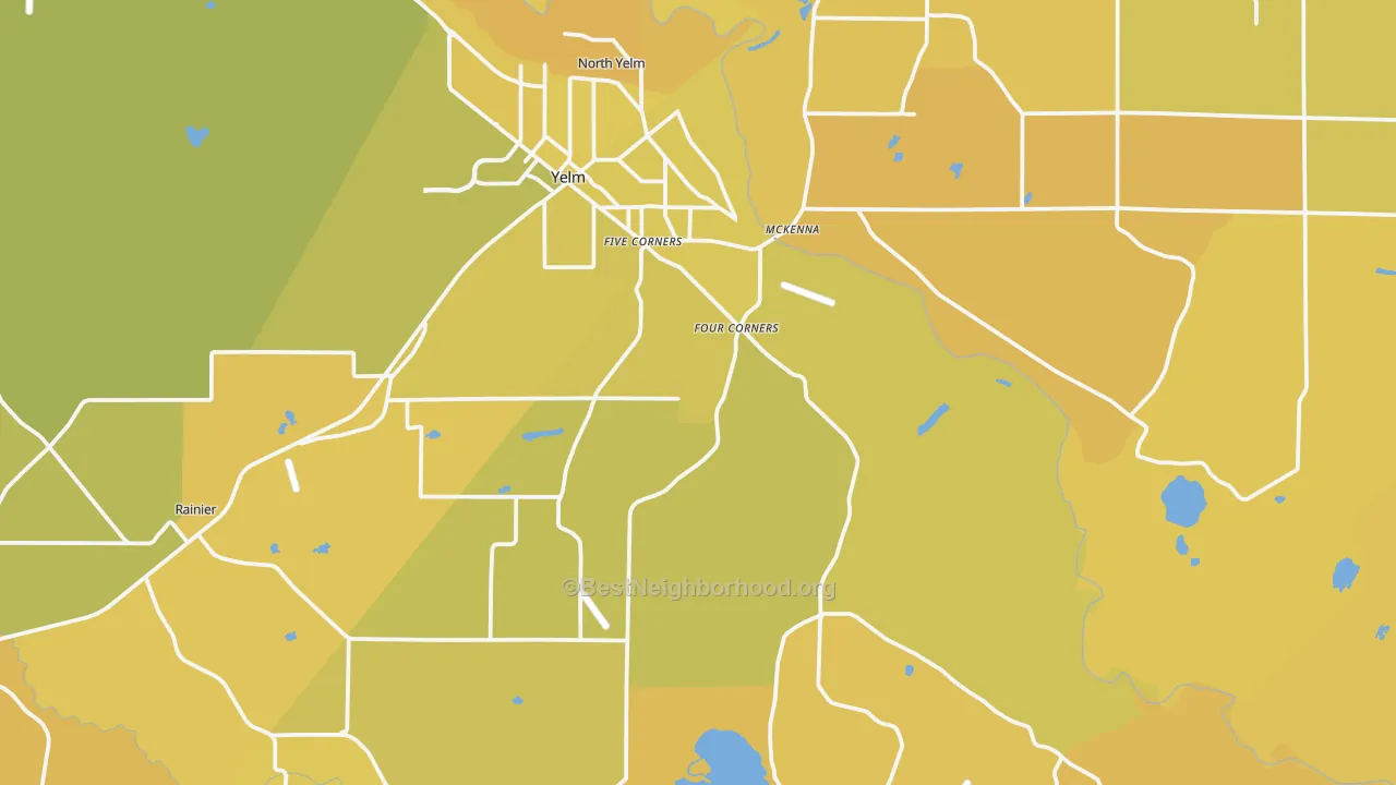 Map of the best neighborhoods in the 98597 area, with better matches in green and worse matches in red