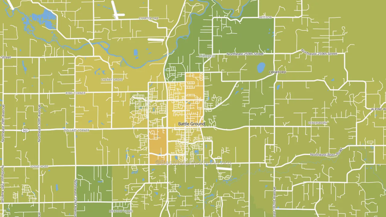 Map of the best neighborhoods in the 98604 area, with better matches in green and worse matches in red