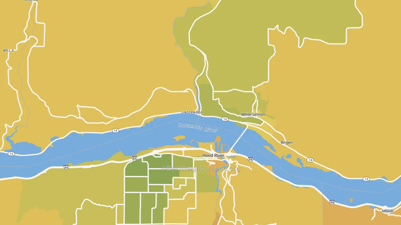 Map of the best neighborhoods in the 98605 area, with better matches in green and worse matches in red